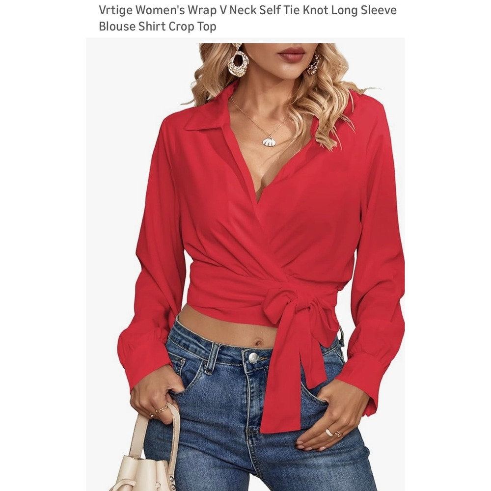 Vrtige Women Red Wrap V Neck Self Tie‎ Knot Long Sleeve Crop Shirt Top small